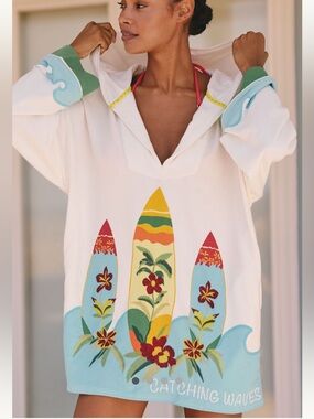 NWT Anthropologie Celandine Catching Waves Poncho Hooded Cover-Up Size Small